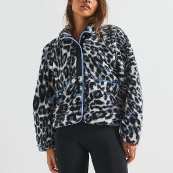FP Movement by Free People Black, White & Blue Leopard Print Fleece Jacket - Picture 1 of 9